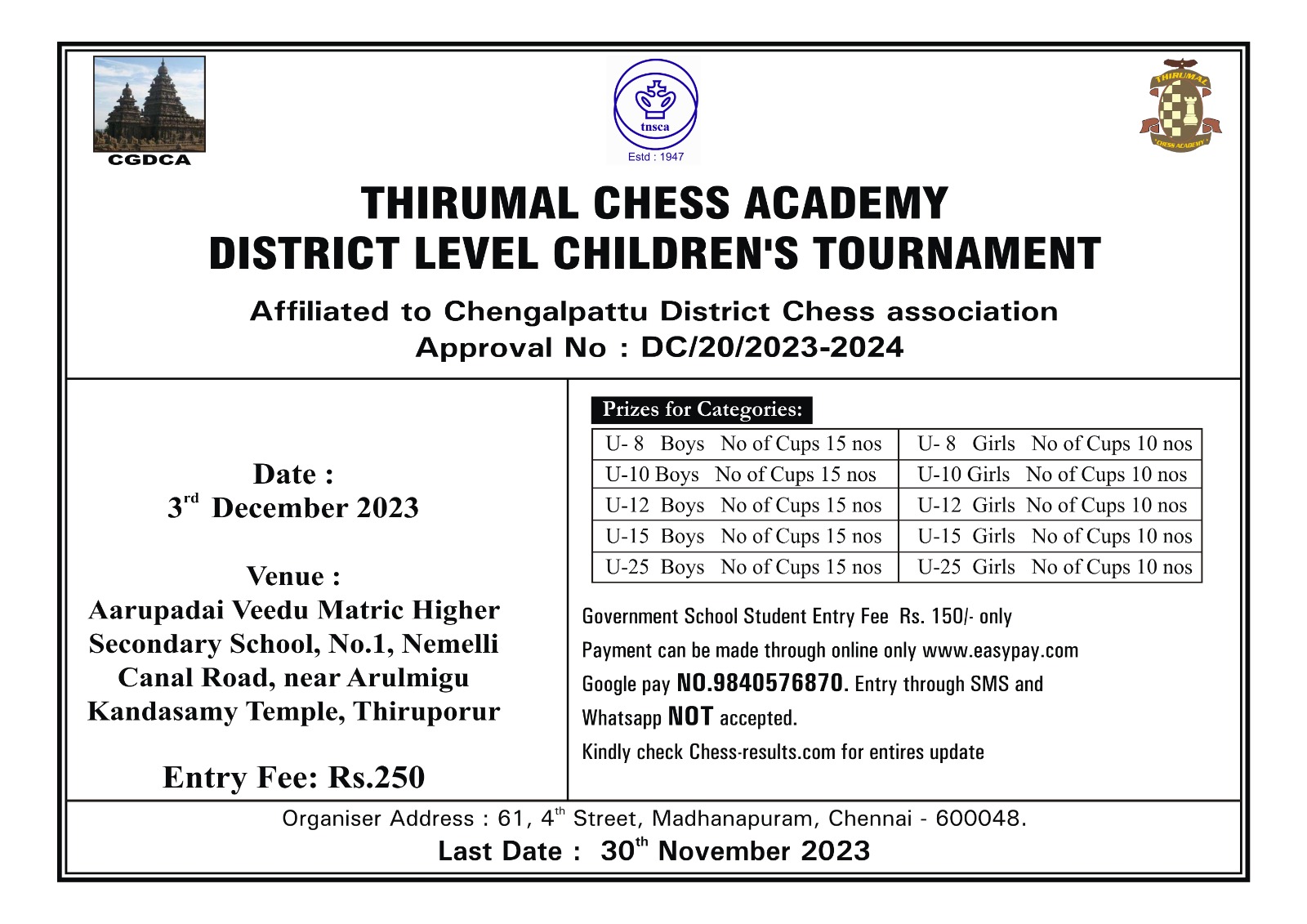 HYDERABAD ALL INDIA BELOW 1600 FIDE RATING CHESS TOURNAMENT - 2022 -  Telangana State Chess Association L