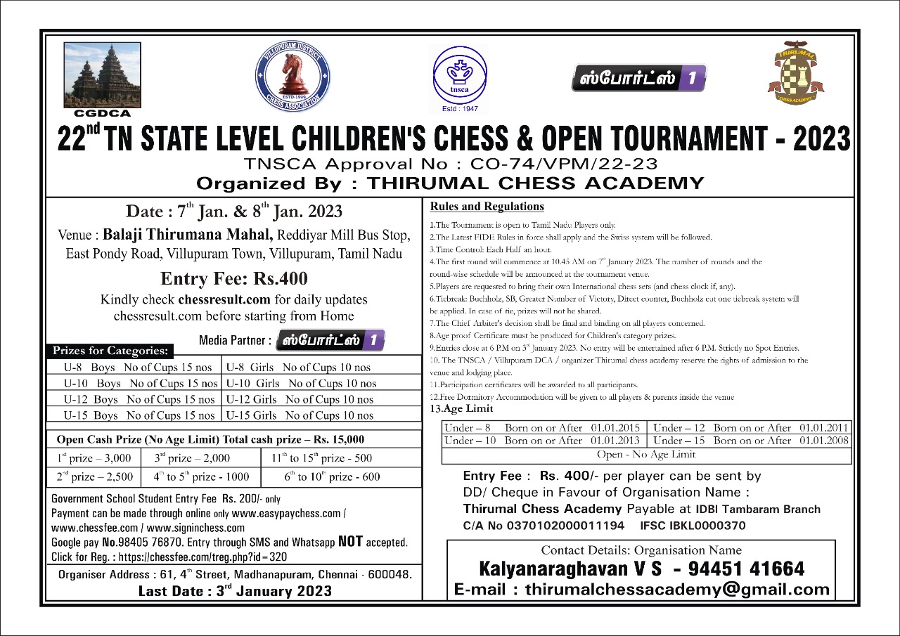 Tirunelveli District Open Chess Championship Tournament 2021 Starting Rank  No. Name Fideid Fed RTG Club/City, PDF